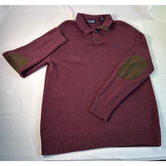 CHAPS Mens Burgundy Sweater Cotton Blend Brown Suede Elbow Patches Medium Collar - Picture 1 of 9